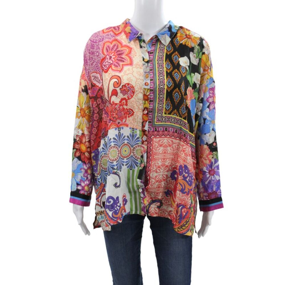 Johnny Was Women Boho Floral Silk Tunic Blouse Long Sleeve Multicolor Size XL